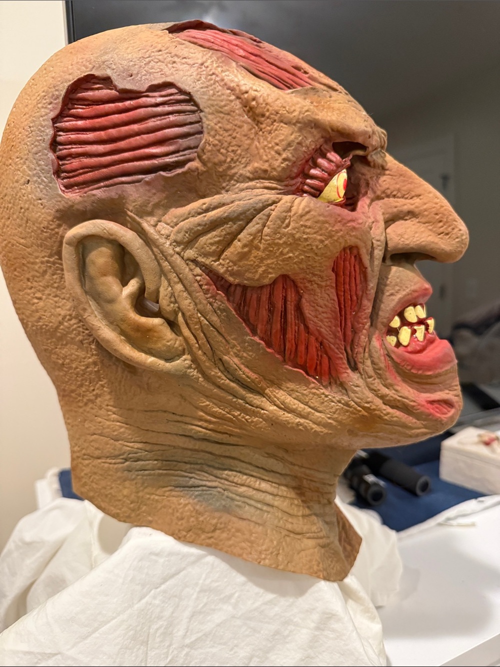 Anatomical Horror Head Sculpture - Red and Tan Wall Accent